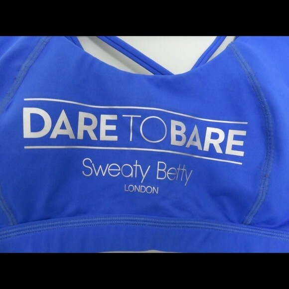 Sweaty Betty Sports Bra Dare to Bare Cobalt Blue Silver Infinity Cross Back Logo - Picture 2 of 6